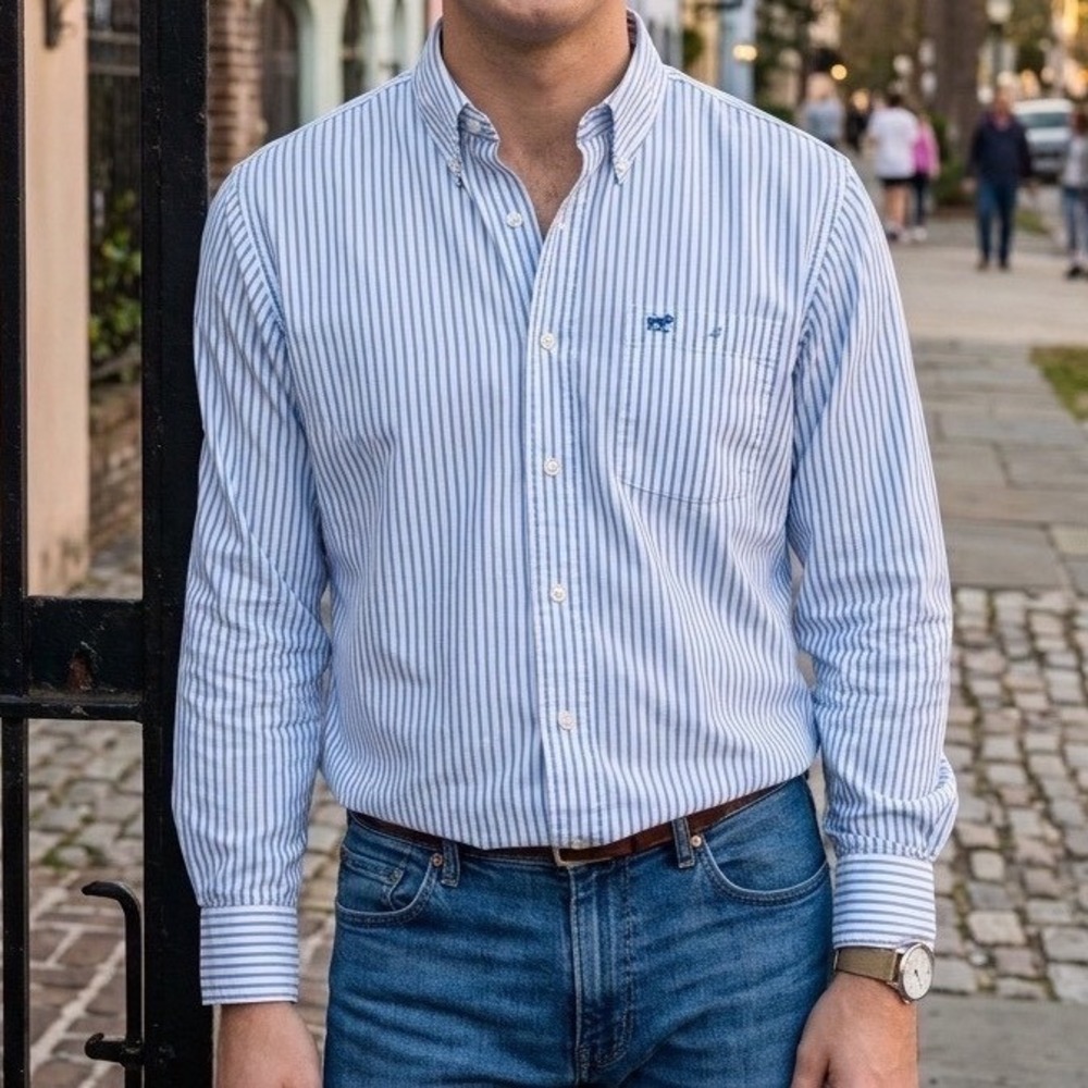 Southern Tide Large Blue White Striped Button Down Shirt Long Sleeve Cotton